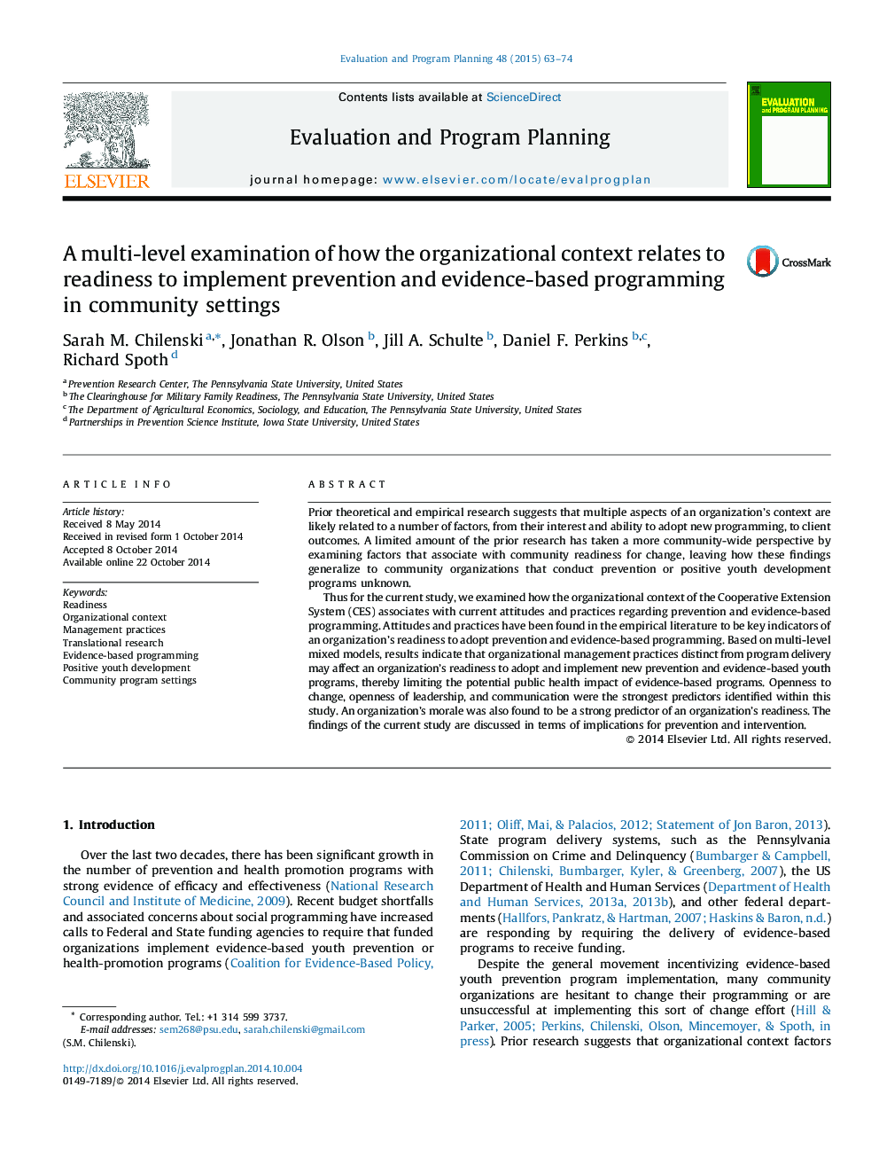 A multi-level examination of how the organizational context relates to readiness to implement prevention and evidence-based programming in community settings