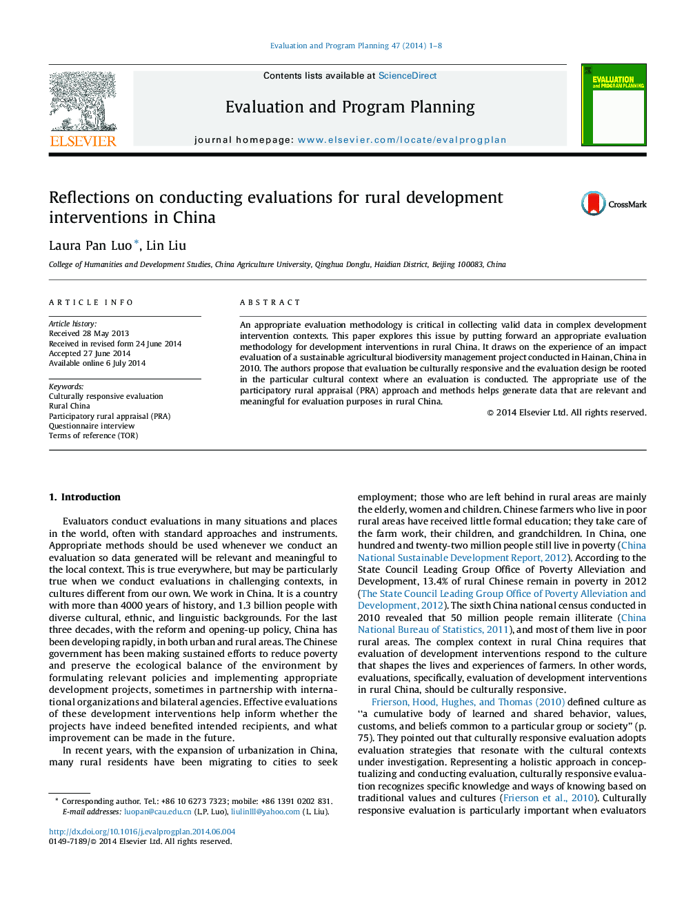 Reflections on conducting evaluations for rural development interventions in China