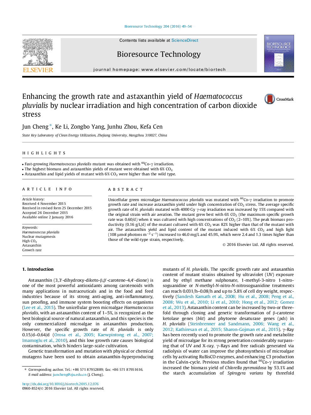 Enhancing the growth rate and astaxanthin yield of Haematococcus pluvialis by nuclear irradiation and high concentration of carbon dioxide stress