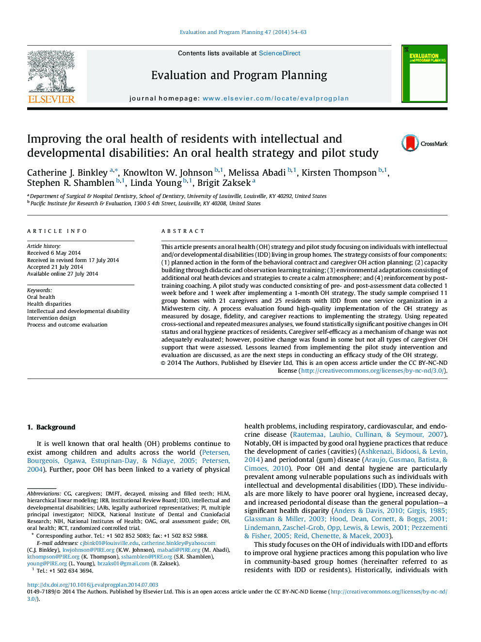 Improving the oral health of residents with intellectual and developmental disabilities: An oral health strategy and pilot study