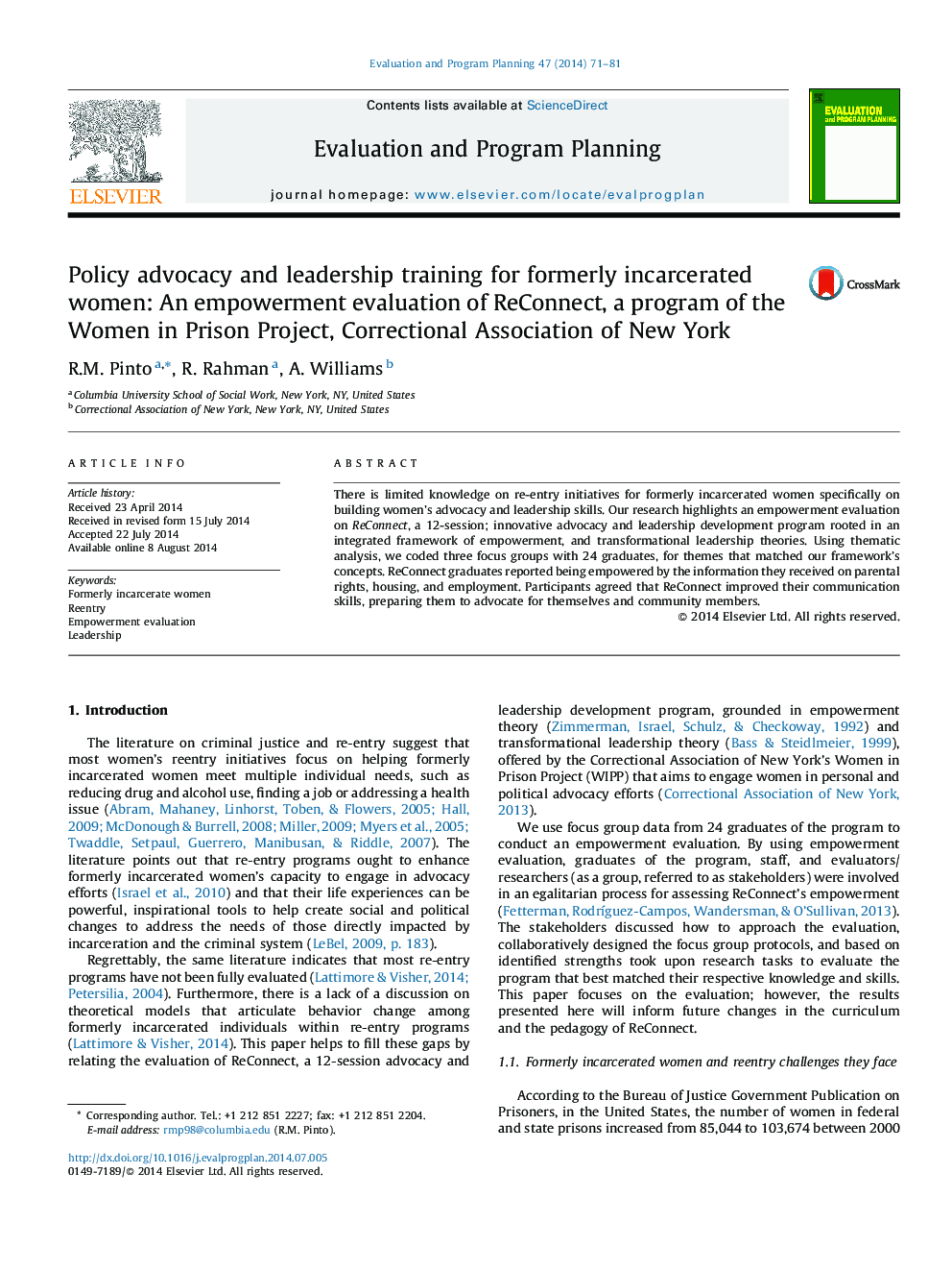 Policy advocacy and leadership training for formerly incarcerated women: An empowerment evaluation of ReConnect, a program of the Women in Prison Project, Correctional Association of New York