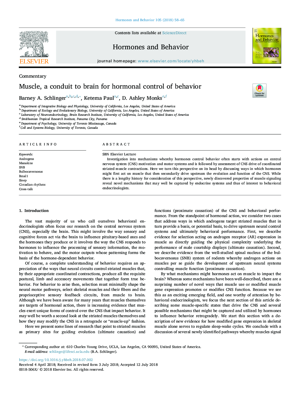 Muscle, a conduit to brain for hormonal control of behavior