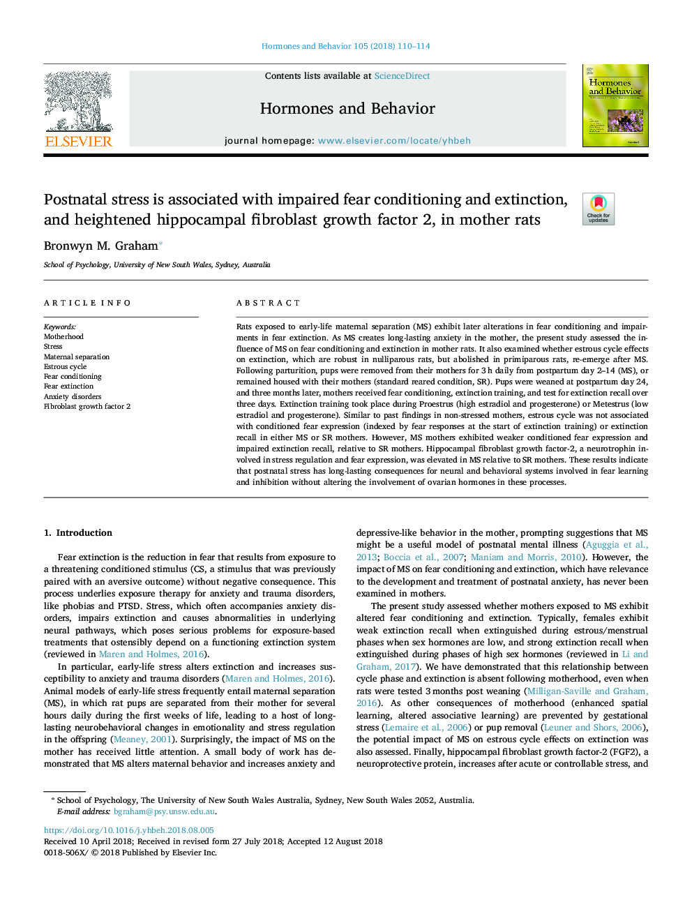 Postnatal stress is associated with impaired fear conditioning and extinction, and heightened hippocampal fibroblast growth factor 2, in mother rats