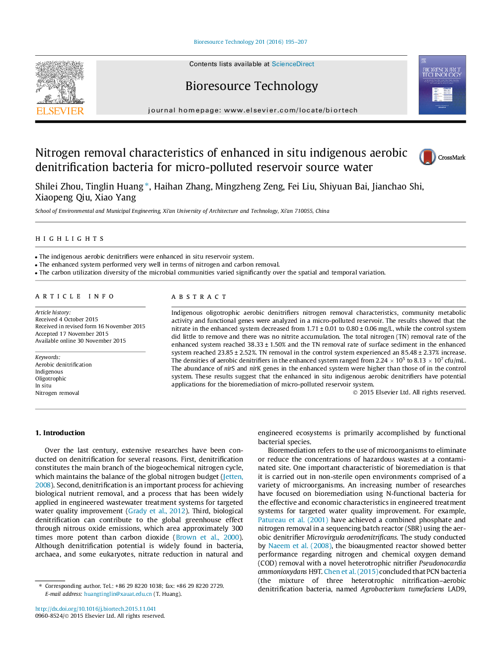 Nitrogen removal characteristics of enhanced in situ indigenous aerobic denitrification bacteria for micro-polluted reservoir source water