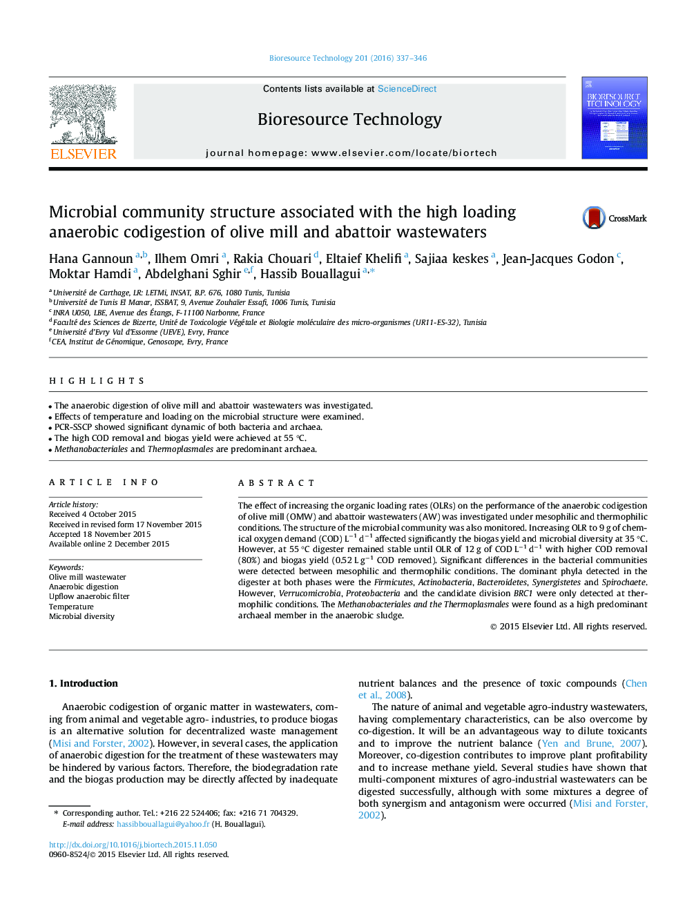 Microbial community structure associated with the high loading anaerobic codigestion of olive mill and abattoir wastewaters