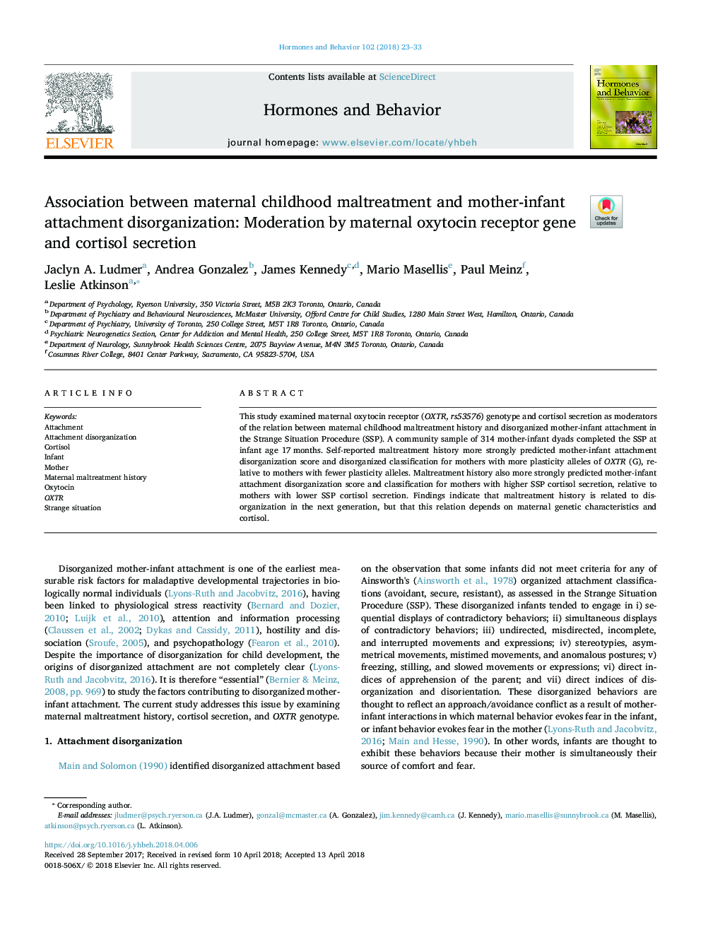 Association between maternal childhood maltreatment and mother-infant attachment disorganization: Moderation by maternal oxytocin receptor gene and cortisol secretion