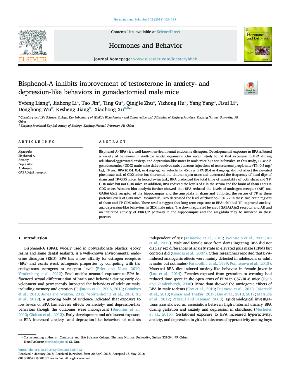 Bisphenol-A inhibits improvement of testosterone in anxiety- and depression-like behaviors in gonadectomied male mice