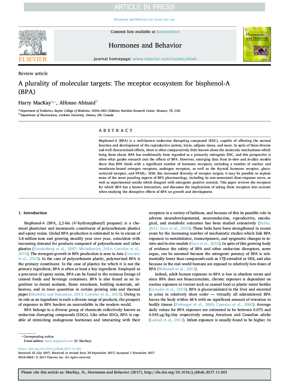 A plurality of molecular targets: The receptor ecosystem for bisphenol-A (BPA)