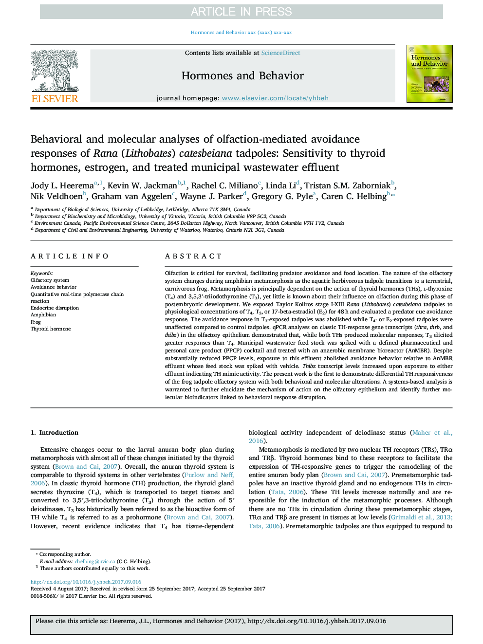 Behavioral and molecular analyses of olfaction-mediated avoidance responses of Rana (Lithobates) catesbeiana tadpoles: Sensitivity to thyroid hormones, estrogen, and treated municipal wastewater effluent