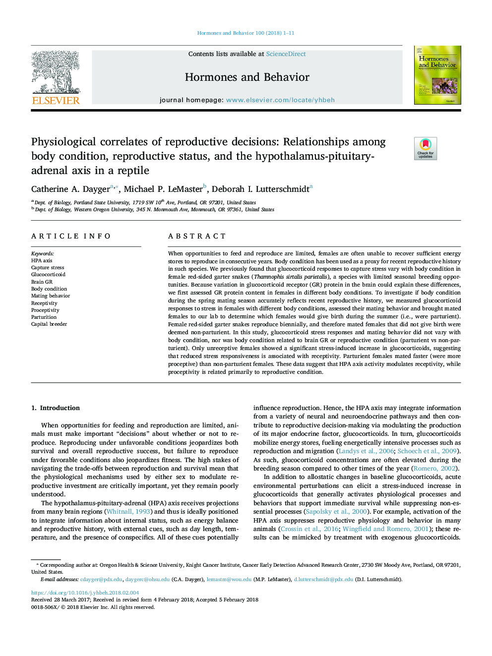 Physiological correlates of reproductive decisions: Relationships among body condition, reproductive status, and the hypothalamus-pituitary-adrenal axis in a reptile