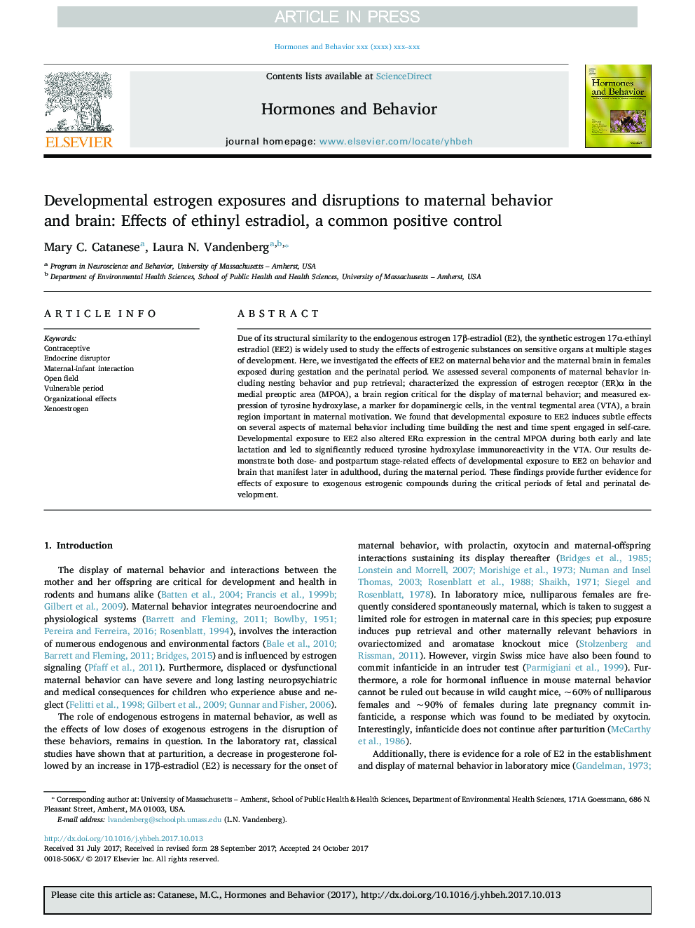 Developmental estrogen exposures and disruptions to maternal behavior and brain: Effects of ethinyl estradiol, a common positive control