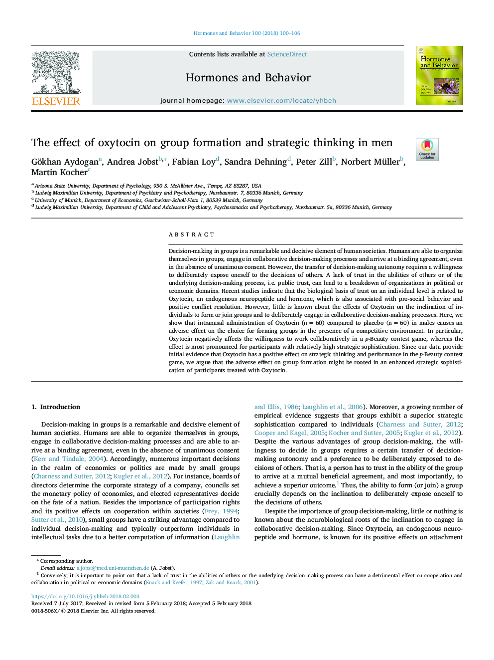 The effect of oxytocin on group formation and strategic thinking in men