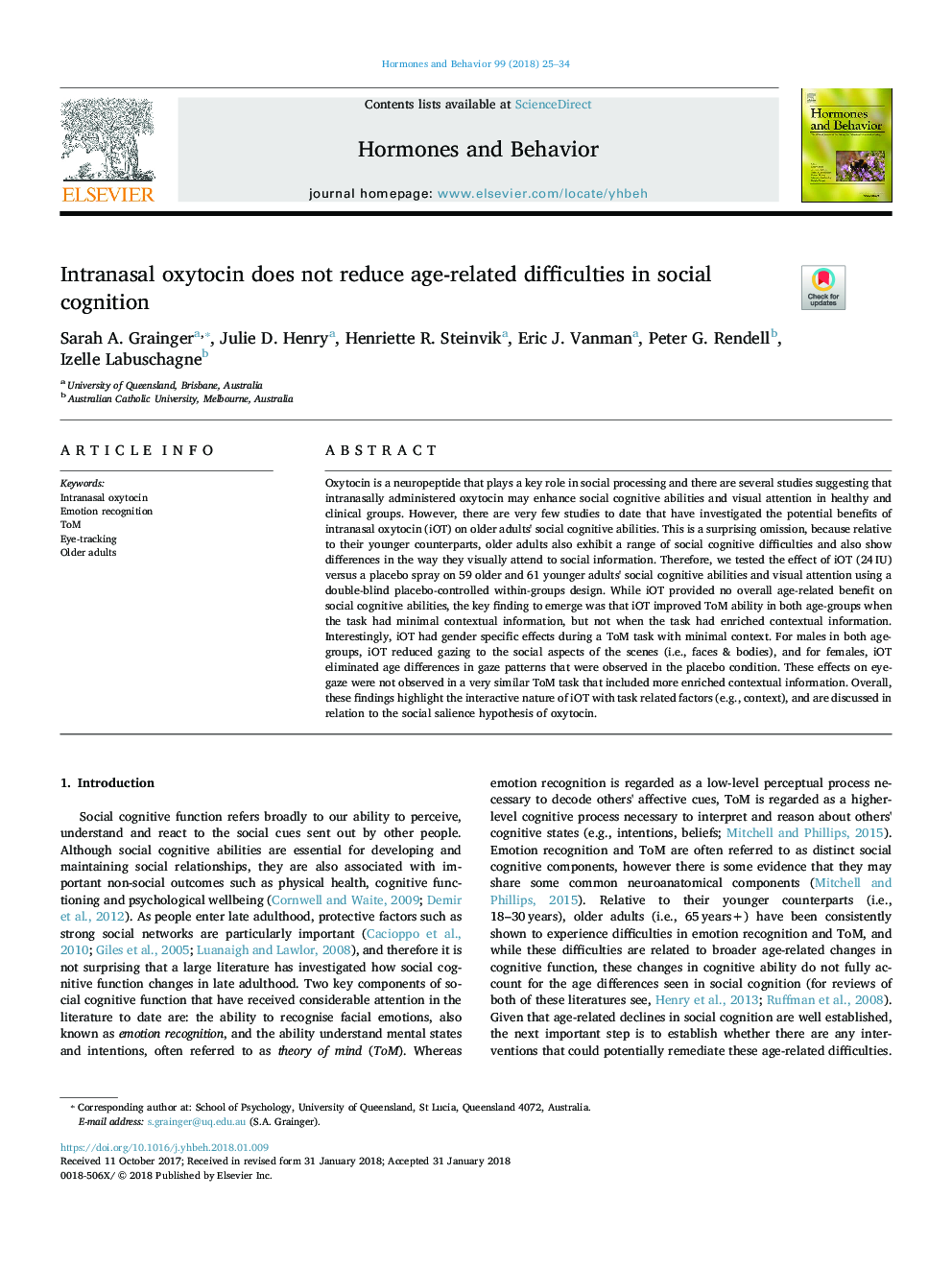 Intranasal oxytocin does not reduce age-related difficulties in social cognition