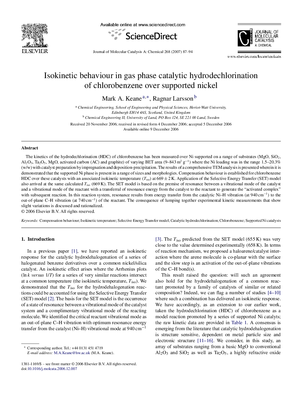 Isokinetic behaviour in gas phase catalytic hydrodechlorination of chlorobenzene over supported nickel