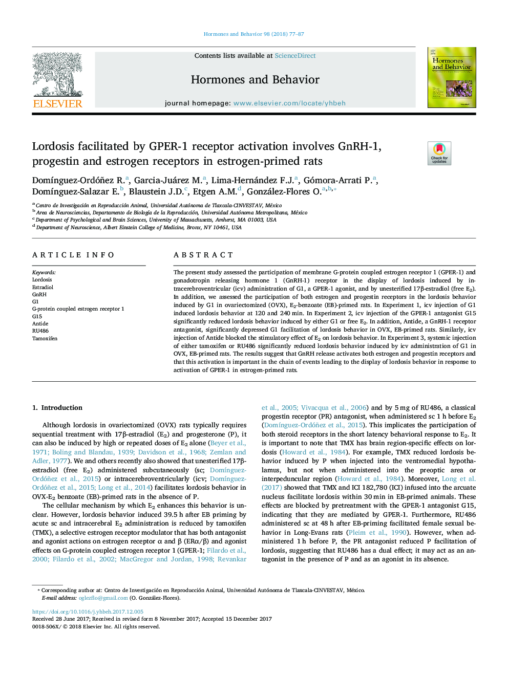 Lordosis facilitated by GPER-1 receptor activation involves GnRH-1, progestin and estrogen receptors in estrogen-primed rats