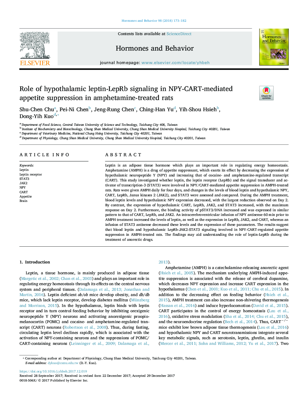 Role of hypothalamic leptin-LepRb signaling in NPY-CART-mediated appetite suppression in amphetamine-treated rats