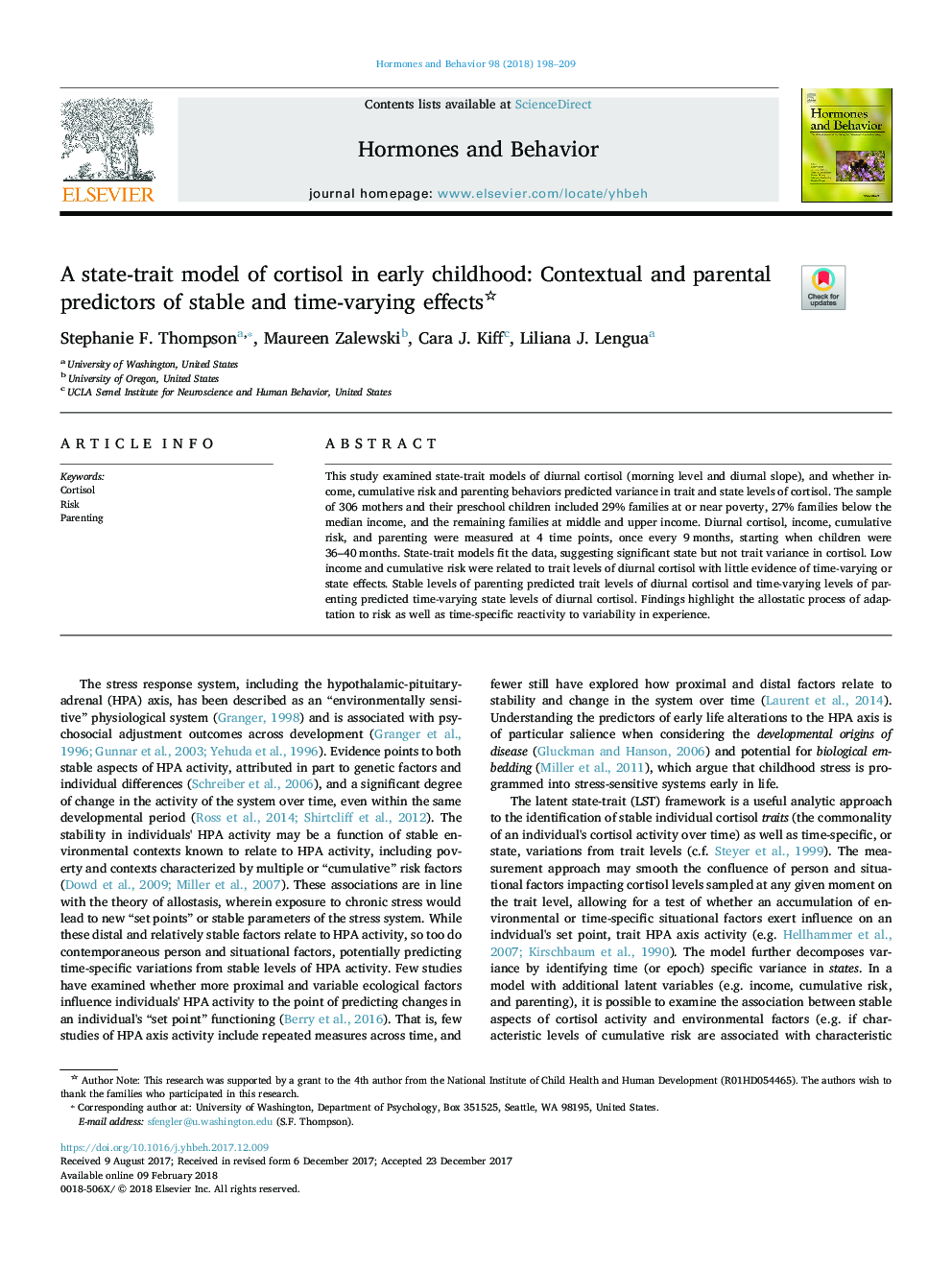 یک مدل دولتی کورتیزول در اوایل دوران کودکی: پیش بینی کننده های محتوا و والدین اثرات ثابت و متغیر زمان 