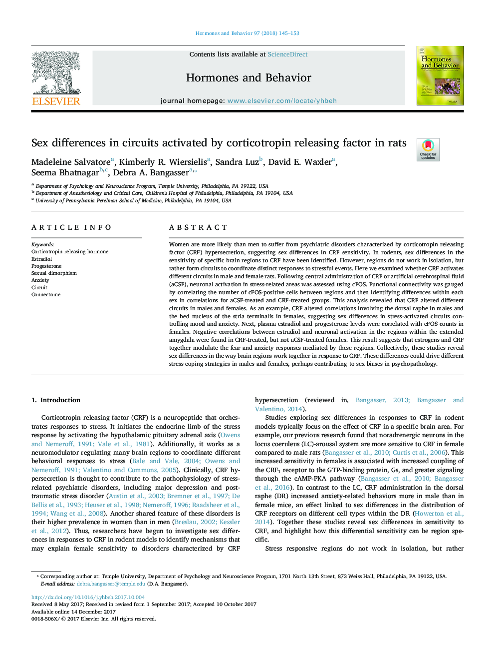 Sex differences in circuits activated by corticotropin releasing factor in rats