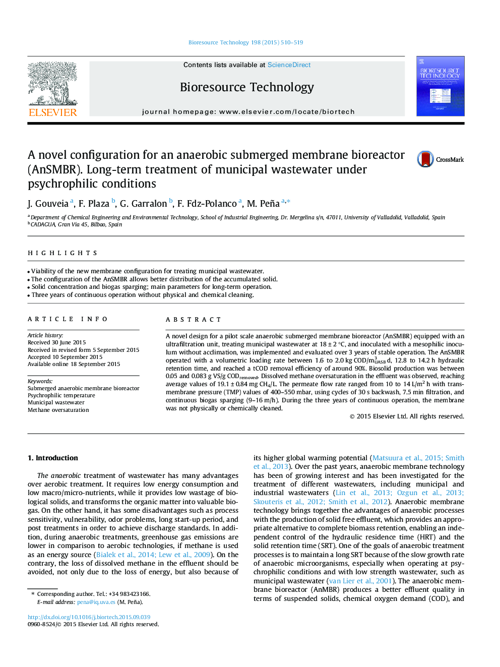 A novel configuration for an anaerobic submerged membrane bioreactor (AnSMBR). Long-term treatment of municipal wastewater under psychrophilic conditions