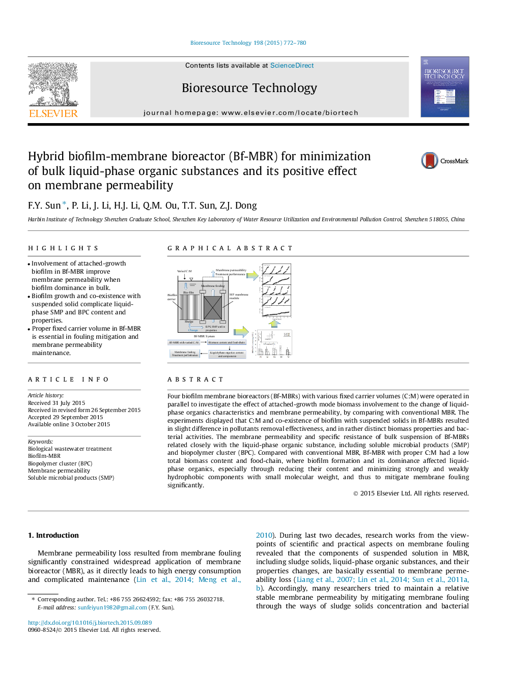 Hybrid biofilm-membrane bioreactor (Bf-MBR) for minimization of bulk liquid-phase organic substances and its positive effect on membrane permeability