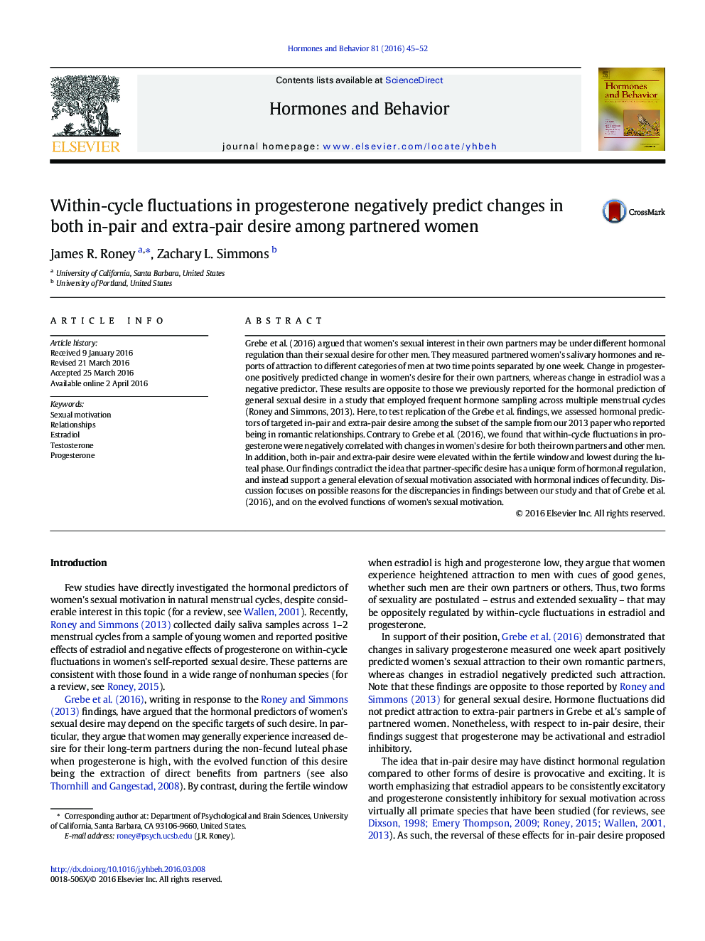 Within-cycle fluctuations in progesterone negatively predict changes in both in-pair and extra-pair desire among partnered women