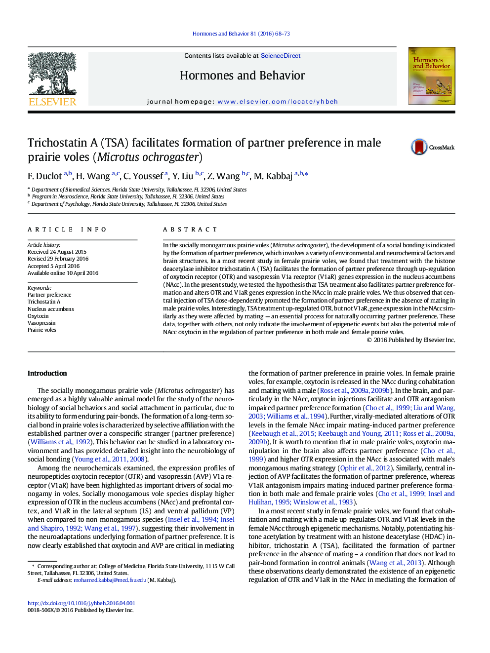 Trichostatin A (TSA) facilitates formation of partner preference in male prairie voles (Microtus ochrogaster)