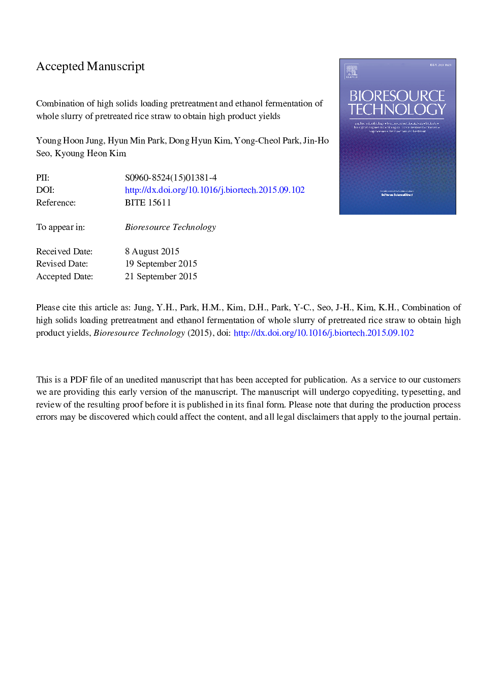 Combination of high solids loading pretreatment and ethanol fermentation of whole slurry of pretreated rice straw to obtain high ethanol titers and yields