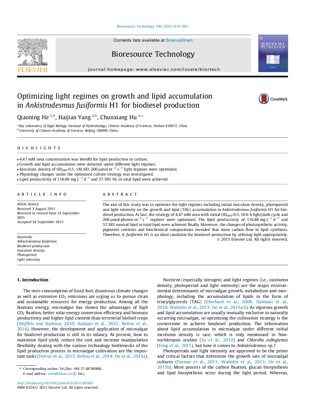 عکس صفحه اول مقاله: Optimizing light regimes on growth and lipid accumulation in Ankistrodesmus fusiformis H1 for biodiesel production Optimizing light regimes on growth and lipid accumulation in Ankistrodesmus fusiformis H1 for biodiesel production