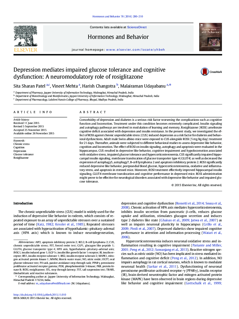 Depression mediates impaired glucose tolerance and cognitive dysfunction: A neuromodulatory role of rosiglitazone