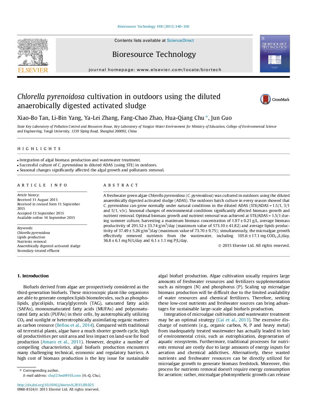 Chlorella pyrenoidosa cultivation in outdoors using the diluted anaerobically digested activated sludge