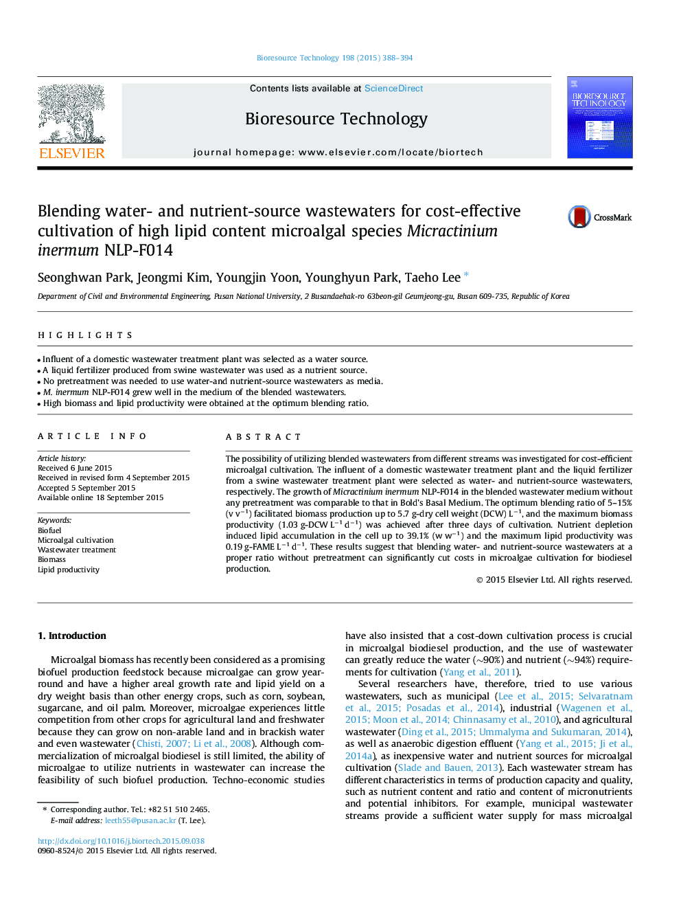 Blending water- and nutrient-source wastewaters for cost-effective cultivation of high lipid content microalgal species Micractinium inermum NLP-F014