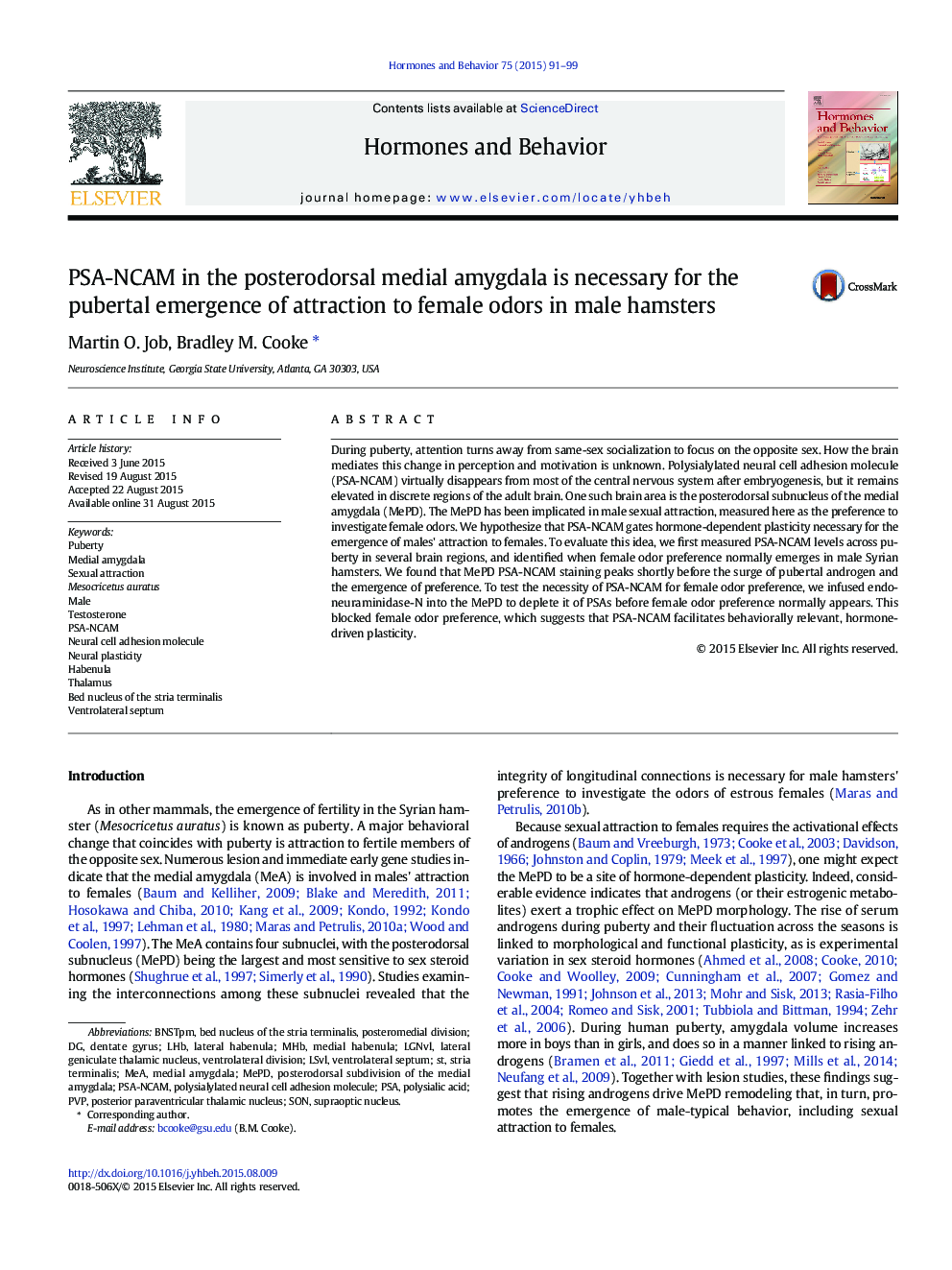 PSA-NCAM in the posterodorsal medial amygdala is necessary for the pubertal emergence of attraction to female odors in male hamsters