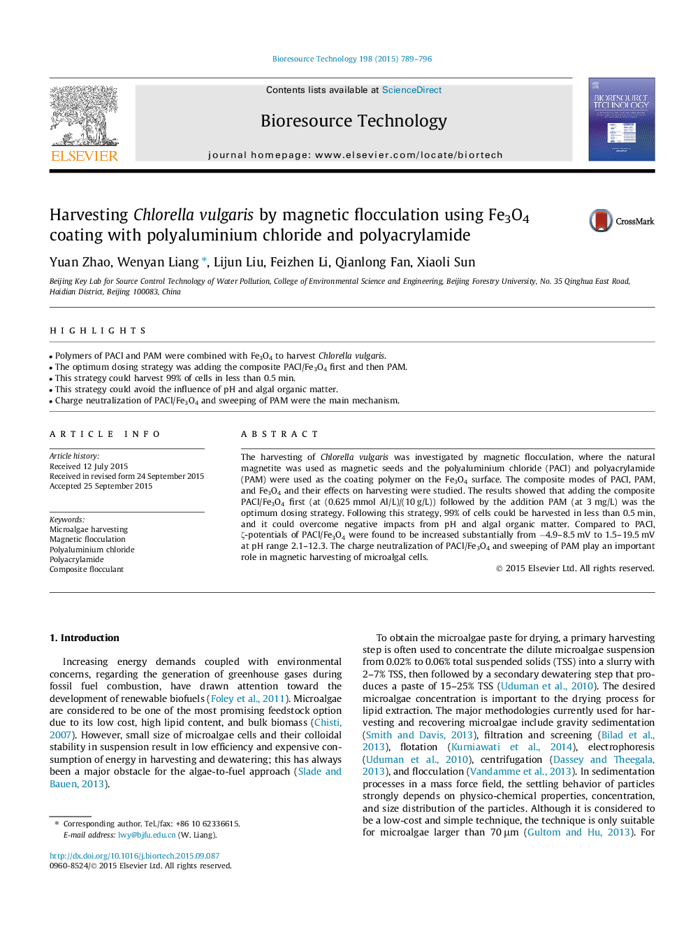 Harvesting Chlorella vulgaris by magnetic flocculation using Fe3O4 coating with polyaluminium chloride and polyacrylamide