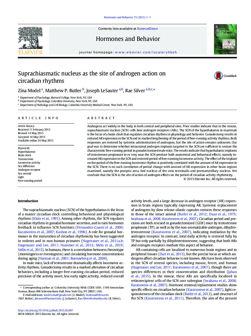 Suprachiasmatic nucleus as the site of androgen action on circadian rhythms