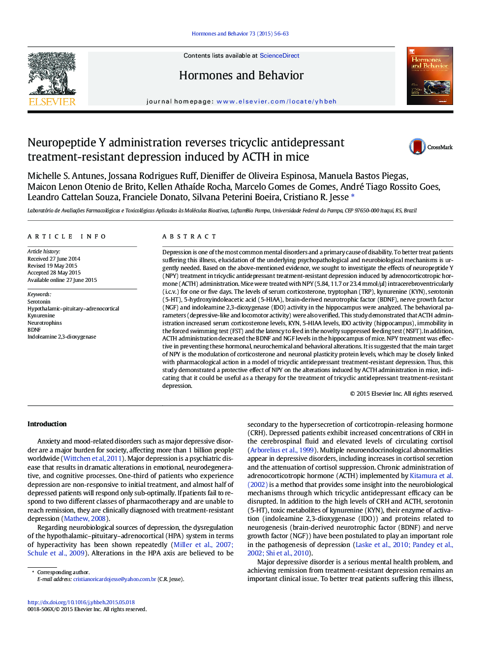 Neuropeptide Y administration reverses tricyclic antidepressant treatment-resistant depression induced by ACTH in mice