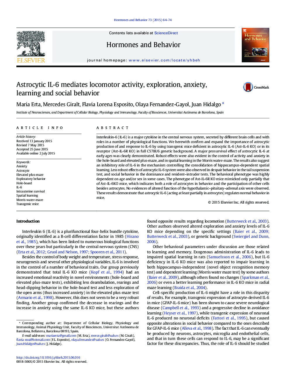 Astrocytic IL-6 mediates locomotor activity, exploration, anxiety, learning and social behavior