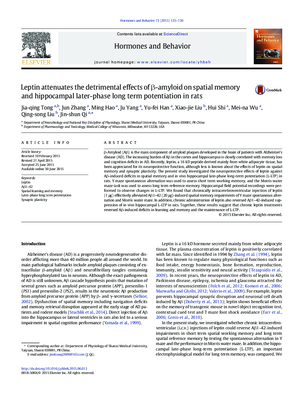 Leptin attenuates the detrimental effects of Î²-amyloid on spatial memory and hippocampal later-phase long term potentiation in rats