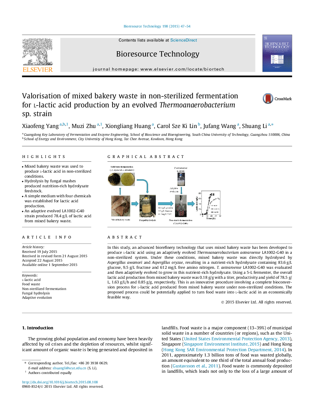 Valorisation of mixed bakery waste in non-sterilized fermentation for l-lactic acid production by an evolved Thermoanaerobacterium sp. strain