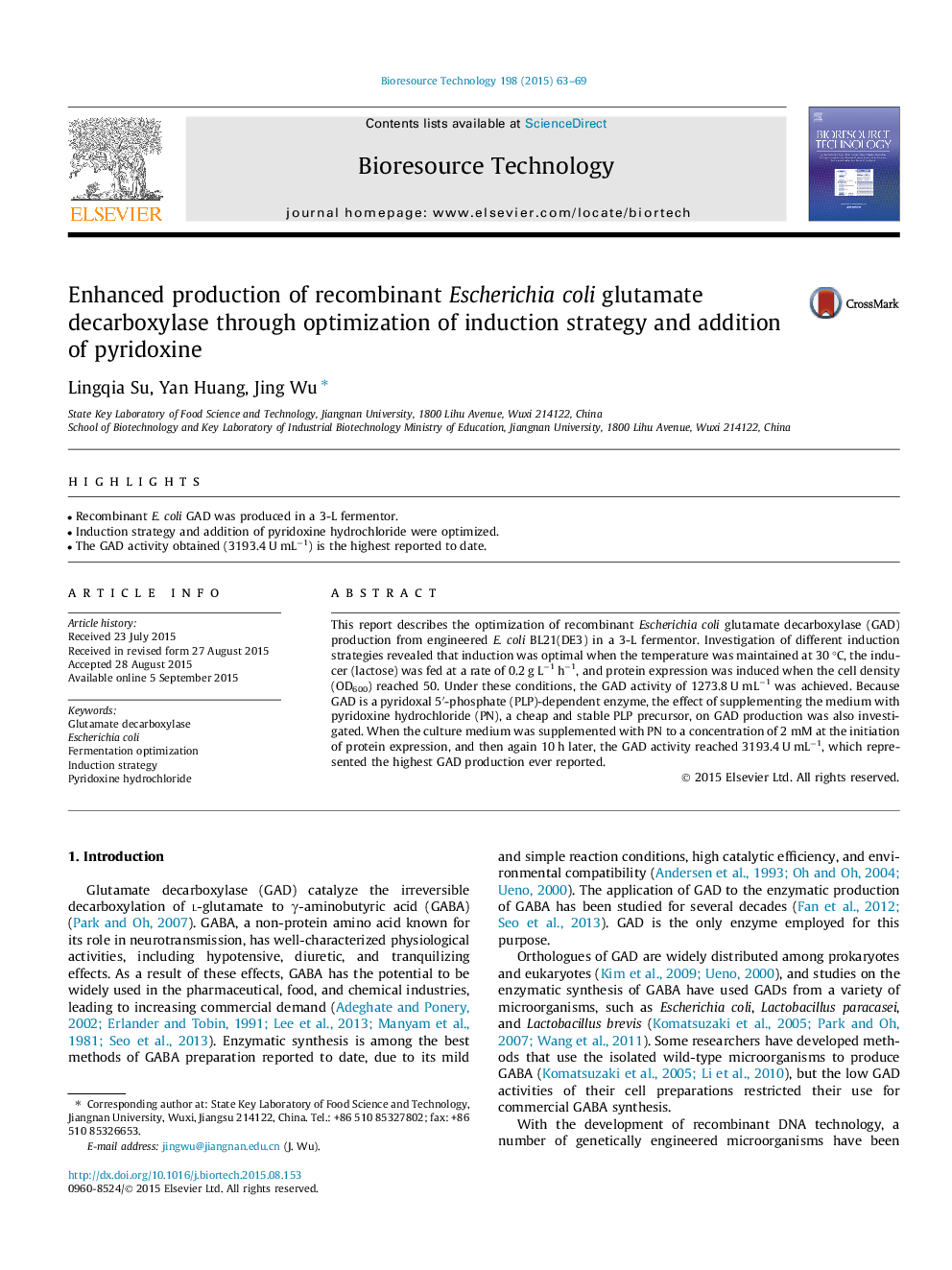 Enhanced production of recombinant Escherichia coli glutamate decarboxylase through optimization of induction strategy and addition of pyridoxine