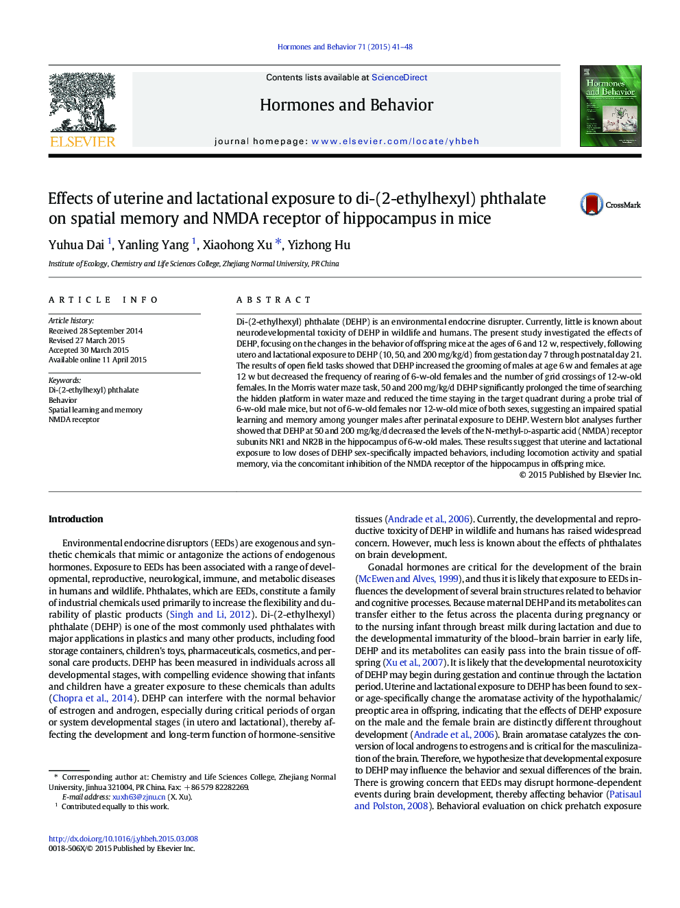 Effects of uterine and lactational exposure to di-(2-ethylhexyl) phthalate on spatial memory and NMDA receptor of hippocampus in mice