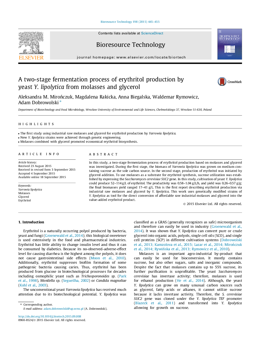 A two-stage fermentation process of erythritol production by yeast Y. lipolytica from molasses and glycerol