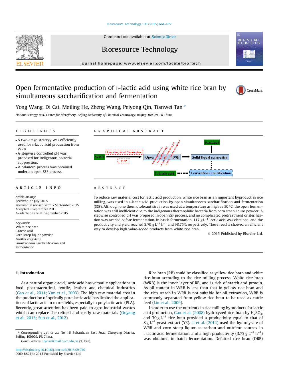 Open fermentative production of l-lactic acid using white rice bran by simultaneous saccharification and fermentation