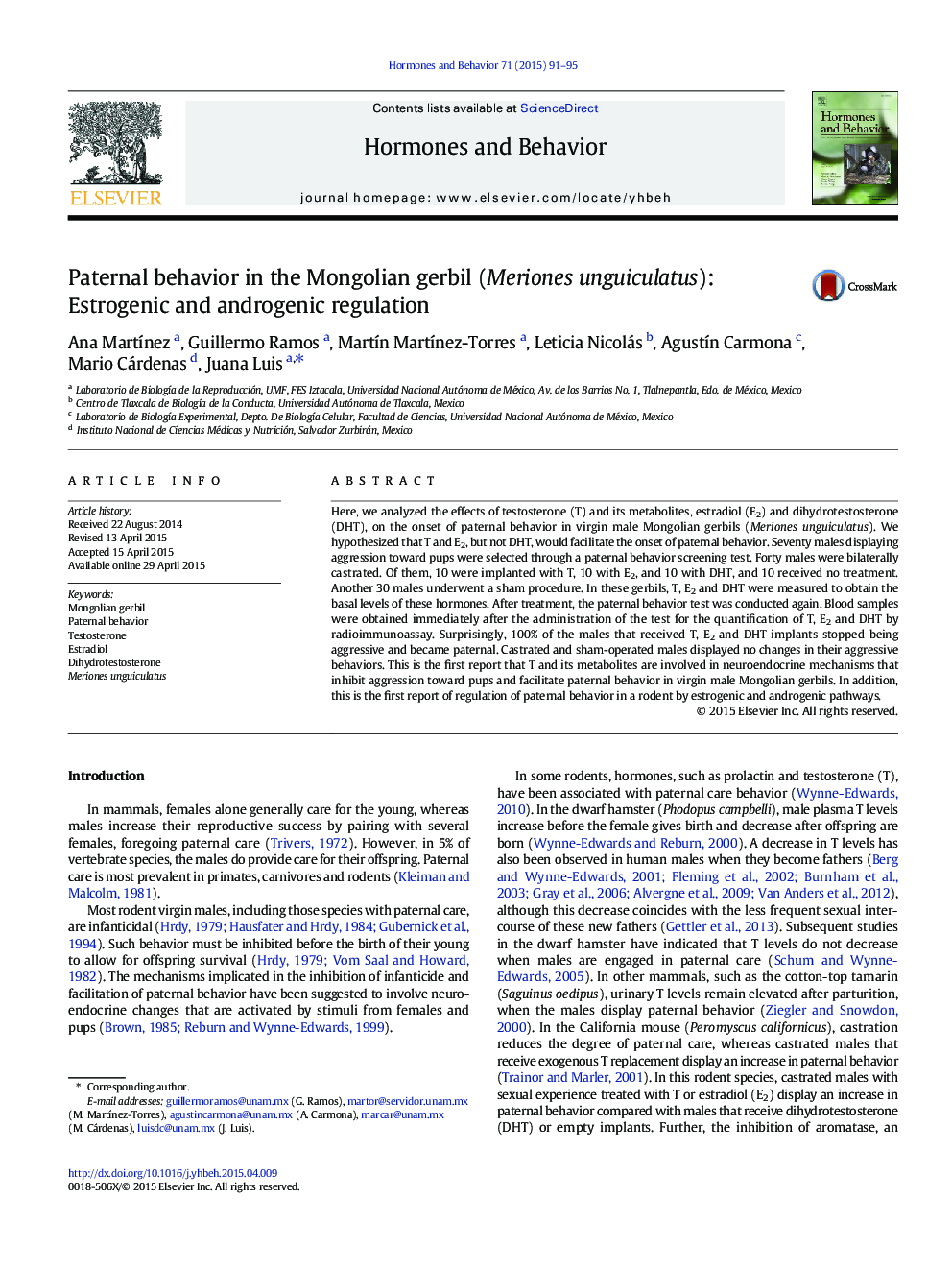 Paternal behavior in the Mongolian gerbil (Meriones unguiculatus): Estrogenic and androgenic regulation