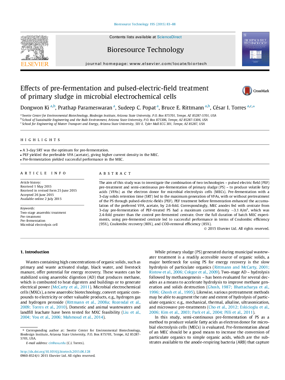 Effects of pre-fermentation and pulsed-electric-field treatment of primary sludge in microbial electrochemical cells