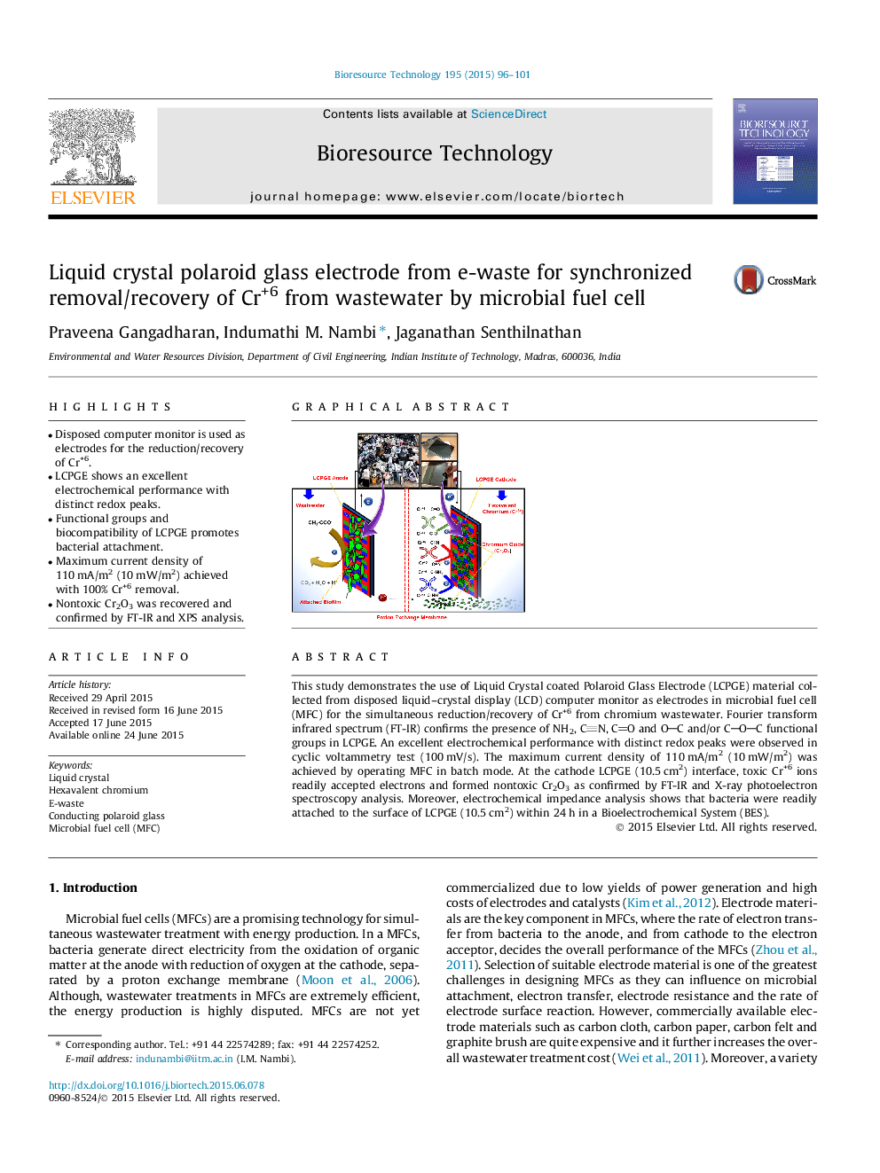 Liquid crystal polaroid glass electrode from e-waste for synchronized removal/recovery of Cr+6 from wastewater by microbial fuel cell