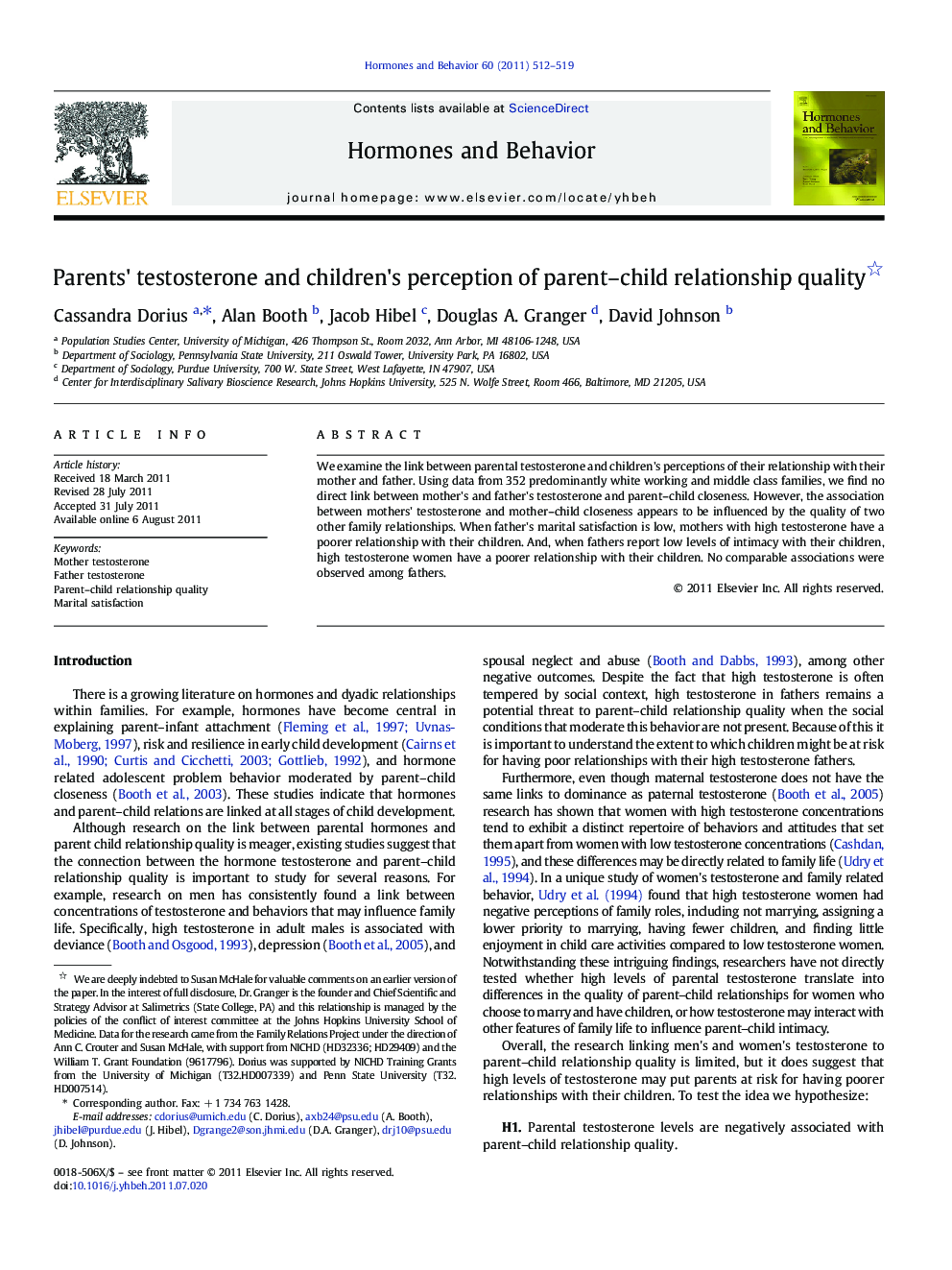 Parents' testosterone and children's perception of parent-child relationship quality