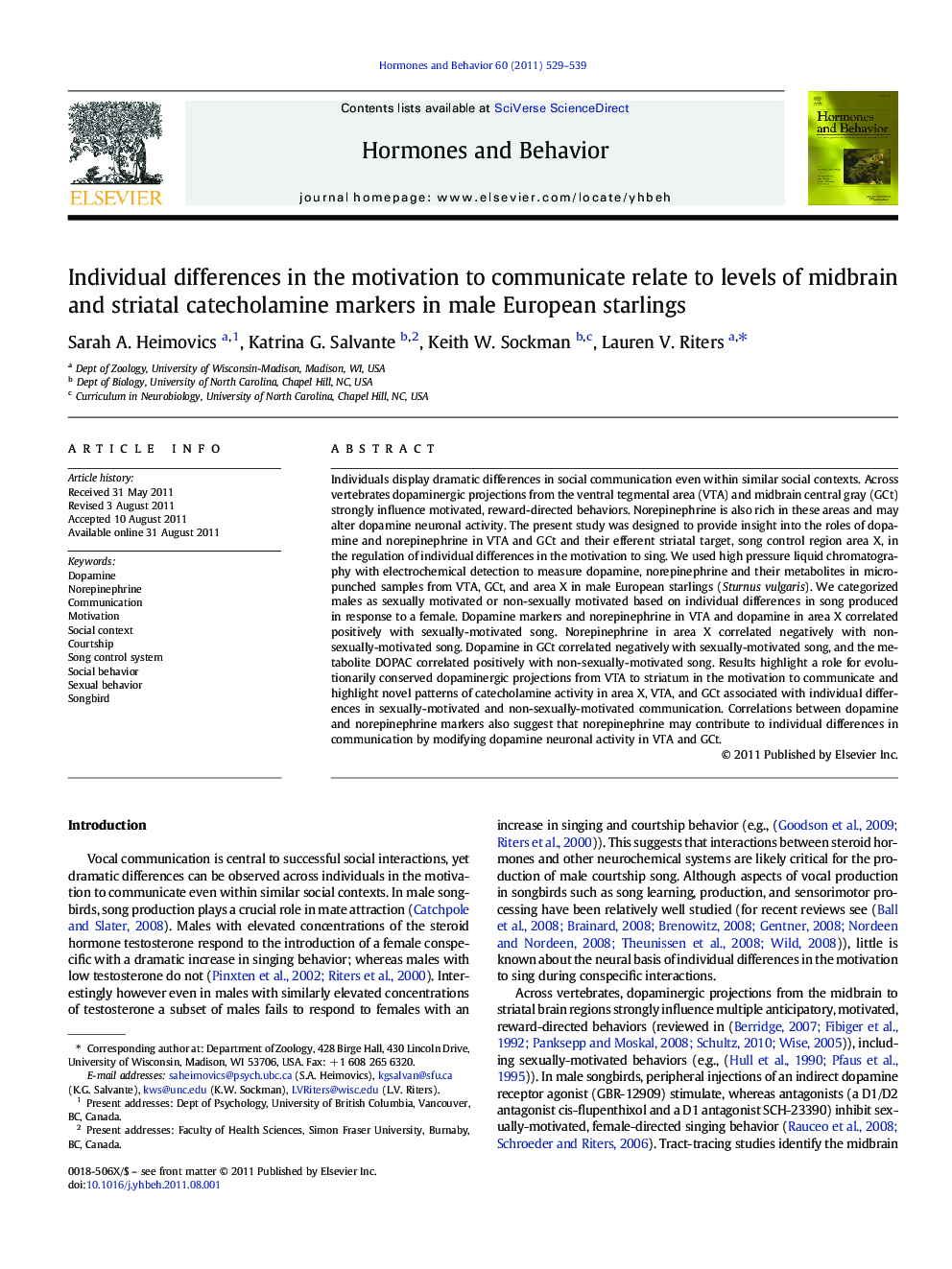 Individual differences in the motivation to communicate relate to levels of midbrain and striatal catecholamine markers in male European starlings