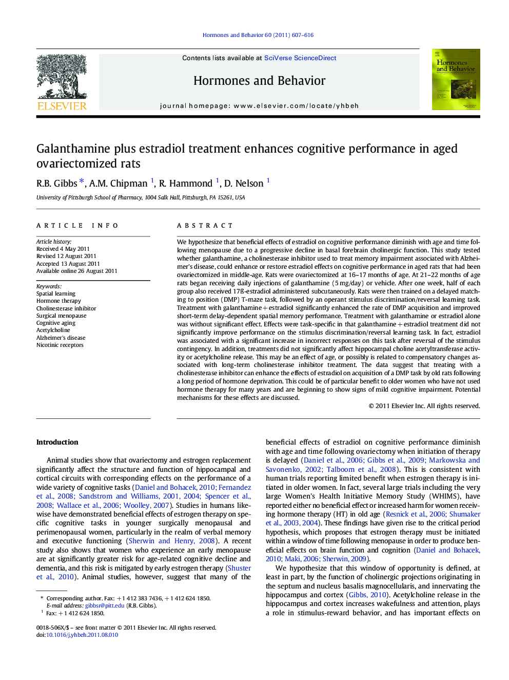 Galanthamine plus estradiol treatment enhances cognitive performance in aged ovariectomized rats