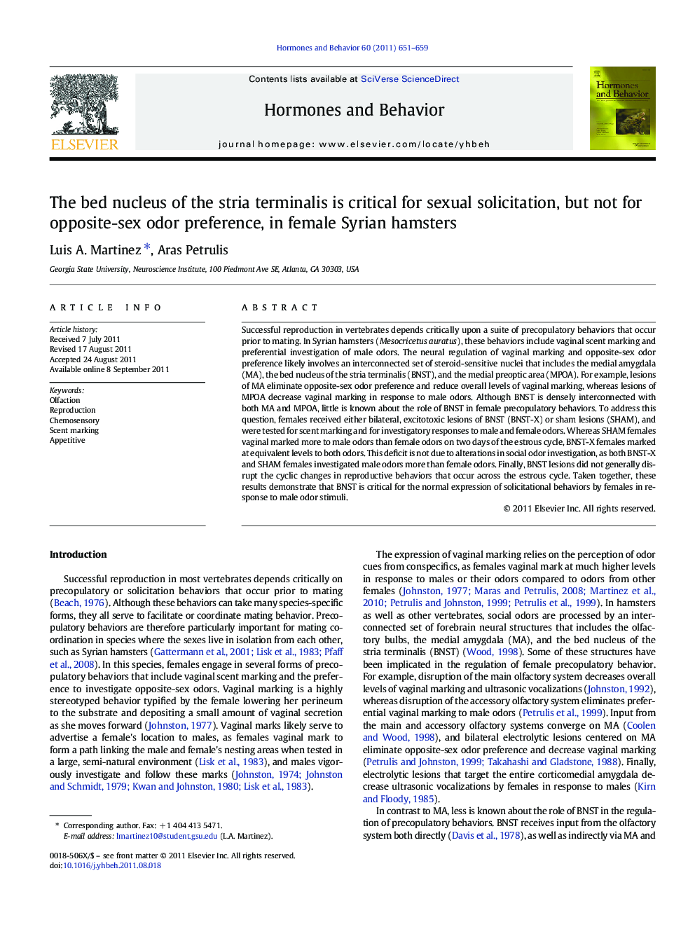 The bed nucleus of the stria terminalis is critical for sexual solicitation, but not for opposite-sex odor preference, in female Syrian hamsters