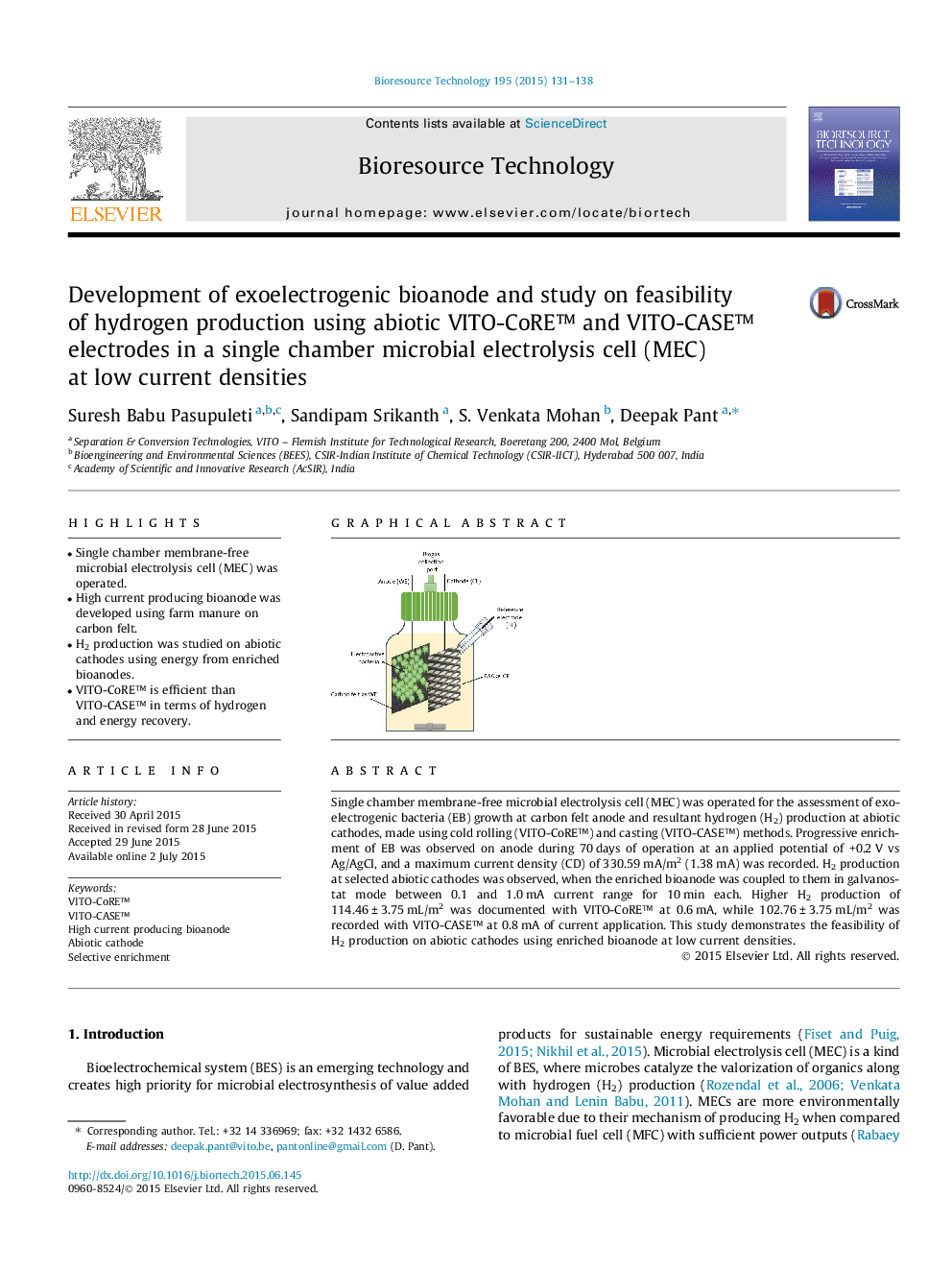 Development of exoelectrogenic bioanode and study on feasibility of hydrogen production using abiotic VITO-CoREâ¢ and VITO-CASEâ¢ electrodes in a single chamber microbial electrolysis cell (MEC) at low current densities